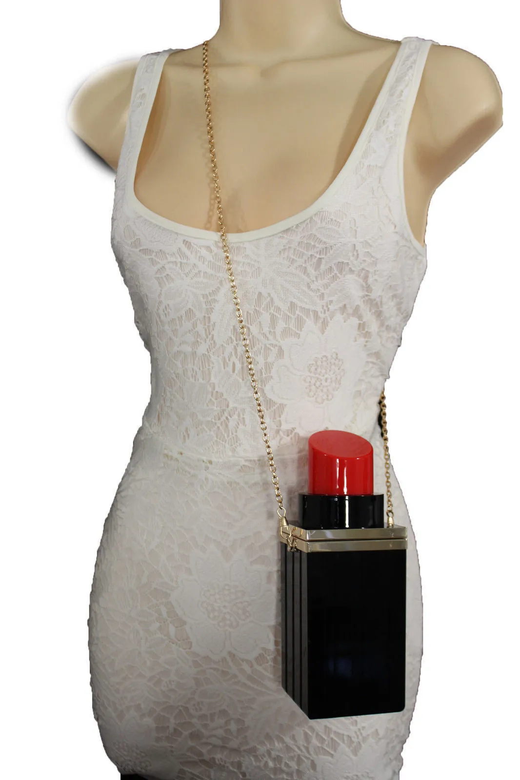 Black Red Lipstick Purse Small Evening Handbag Gold Chain Mini Bag