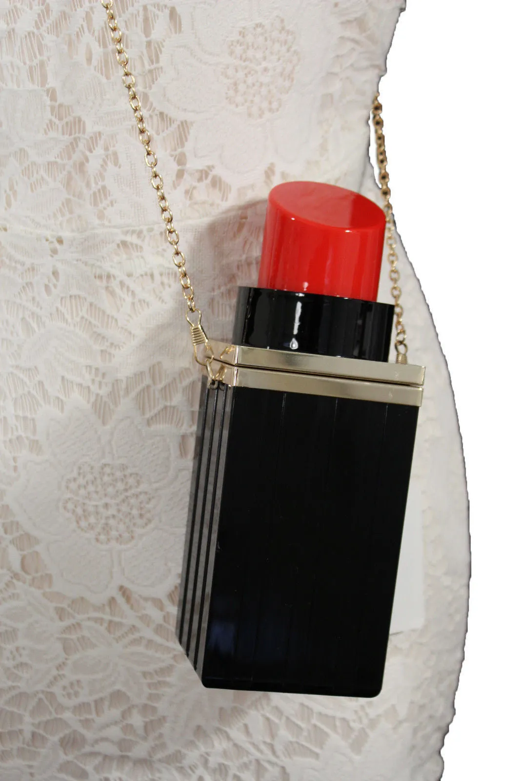 Black Red Lipstick Purse Small Evening Handbag Gold Chain Mini Bag