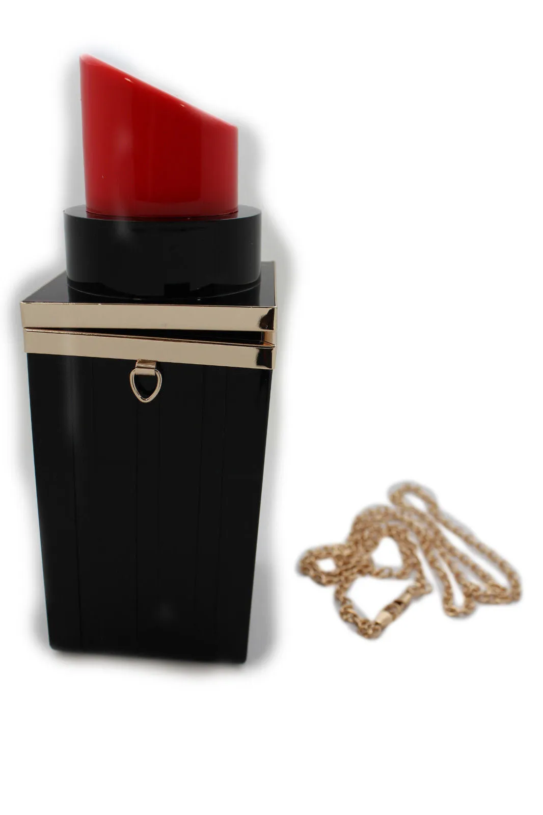 Black Red Lipstick Purse Small Evening Handbag Gold Chain Mini Bag