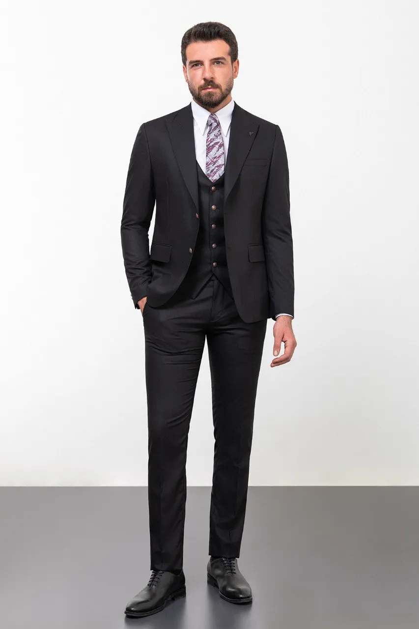 Black Slim Fit Peak Lapel 3 Piece Suit for Men | GentWith