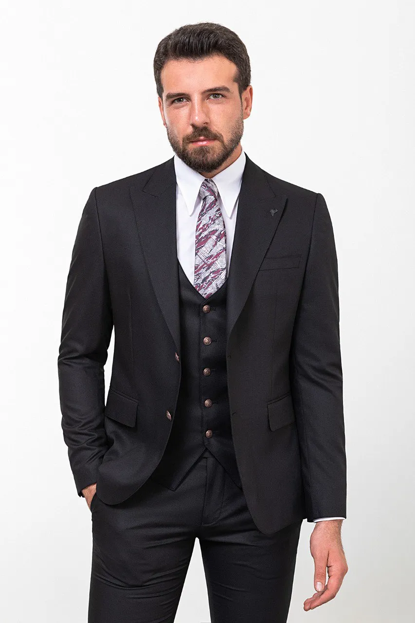Black Slim Fit Peak Lapel 3 Piece Suit for Men | GentWith