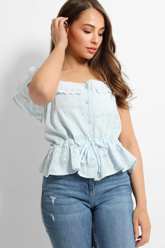 Blue Crochet Details Drawstring Waist Top
