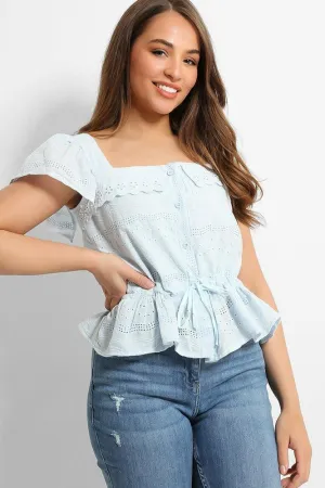 Blue Crochet Details Drawstring Waist Top