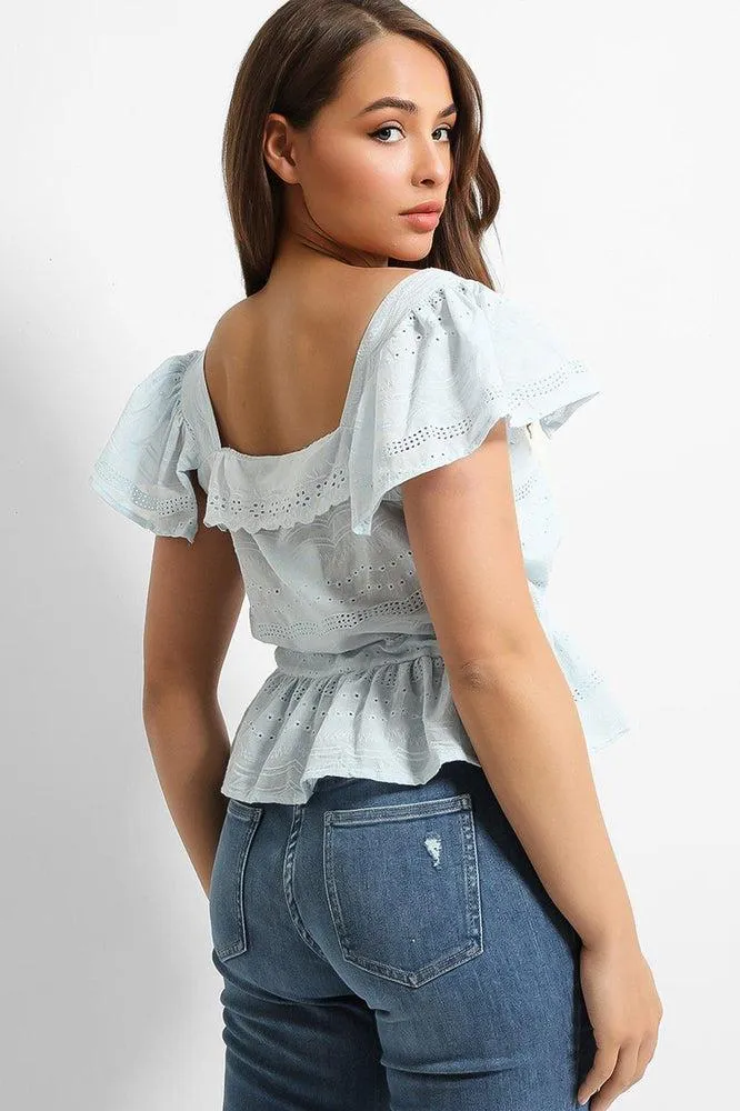 Blue Crochet Details Drawstring Waist Top