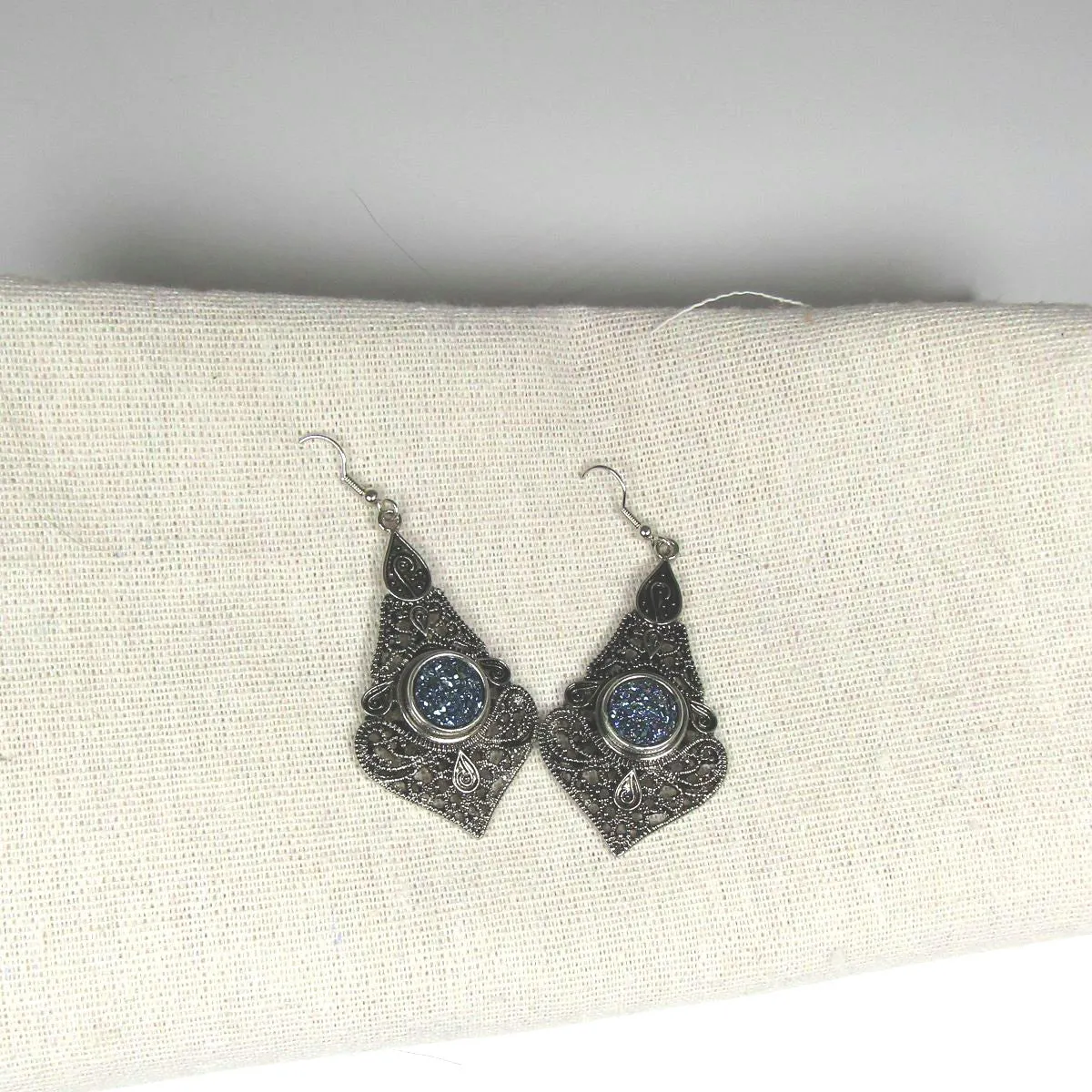 Blue Crystal & Antique Silver Tear Drop Earrings