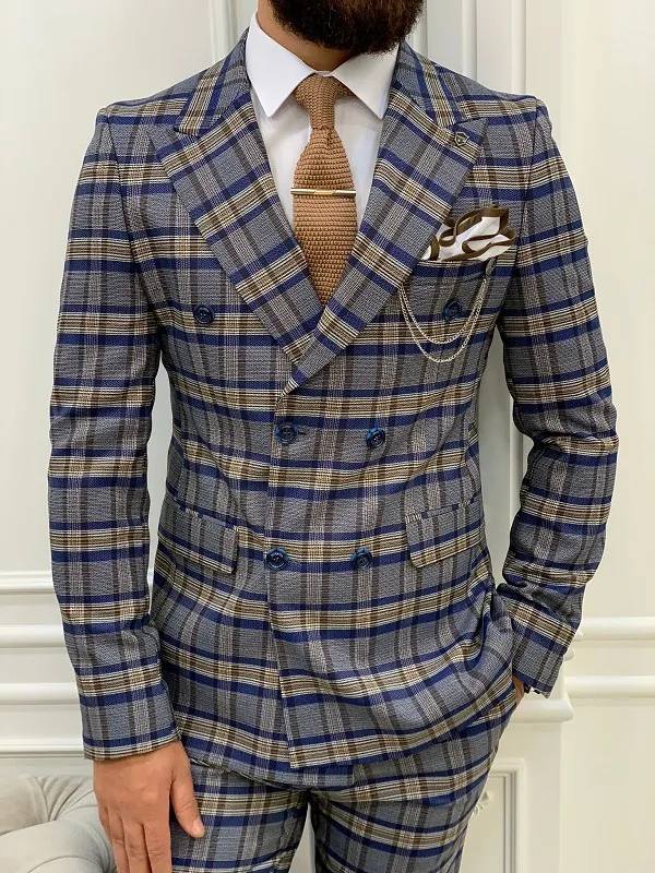 Blue Slim Fit Double Breasted Plaid Suit by GentWith.com