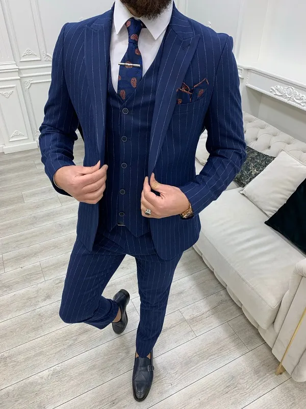 Blue Slim Fit Peak Lapel Pinstripe Suit for Men by GentWith.com