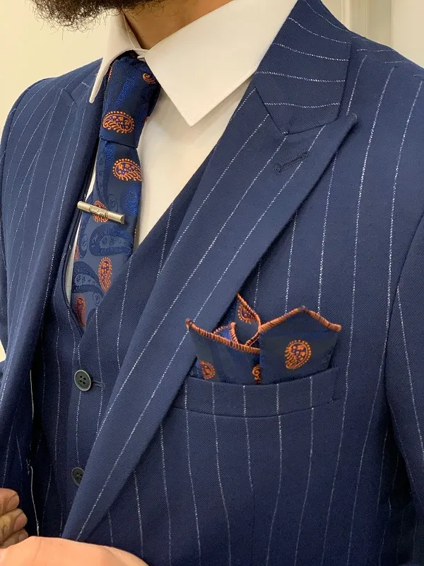 Blue Slim Fit Peak Lapel Pinstripe Suit for Men by GentWith.com