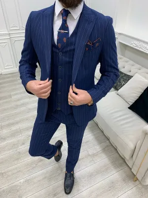 Blue Slim Fit Peak Lapel Pinstripe Suit for Men by GentWith.com