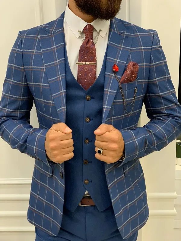Blue Slim Fit Peak Lapel Plaid Suit by GentWith | Worldwide Shipping