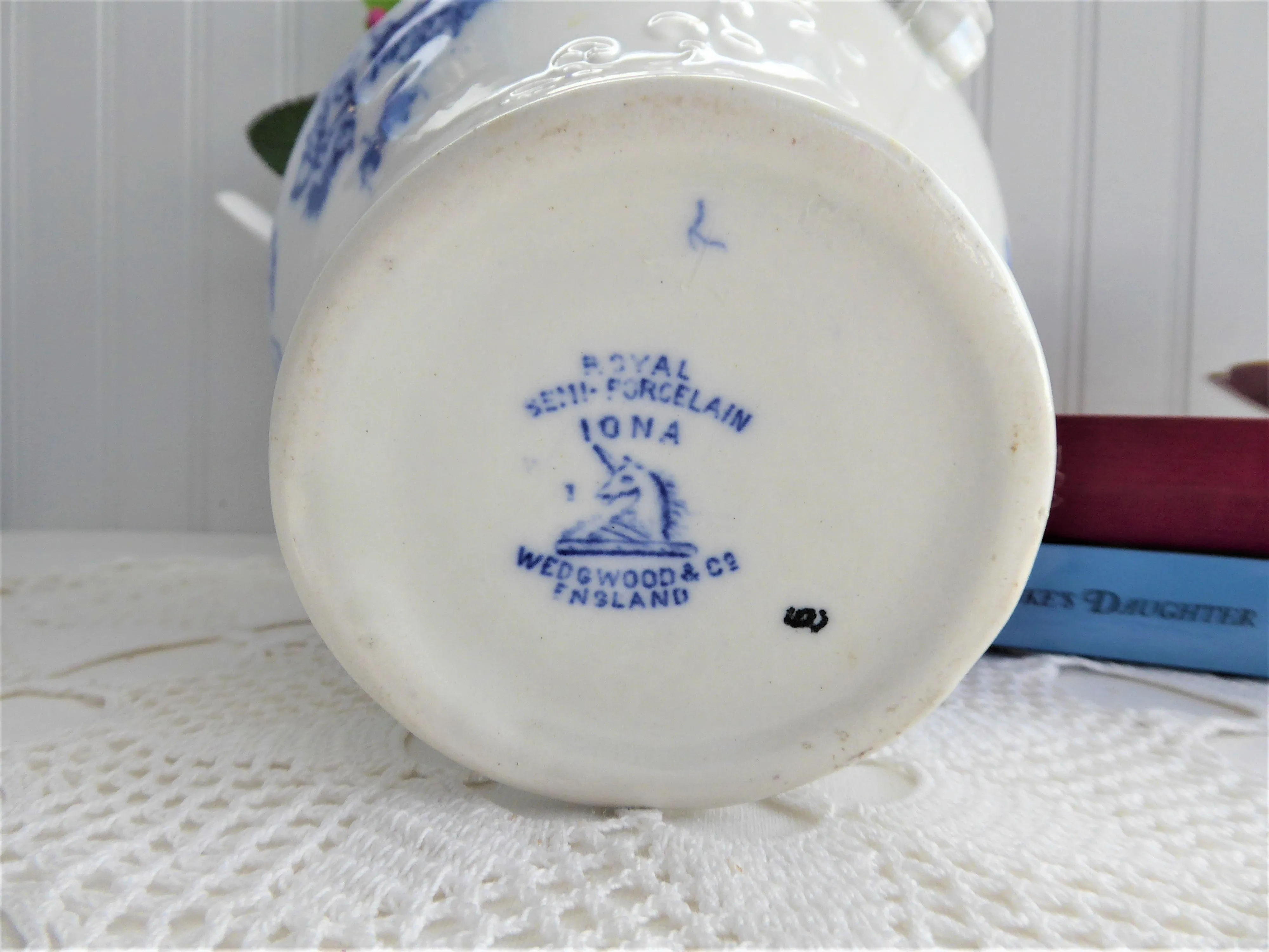 Blue Transferware Jug Pitcher English Edwardian Iona Wedgwood 1908 Ironstone