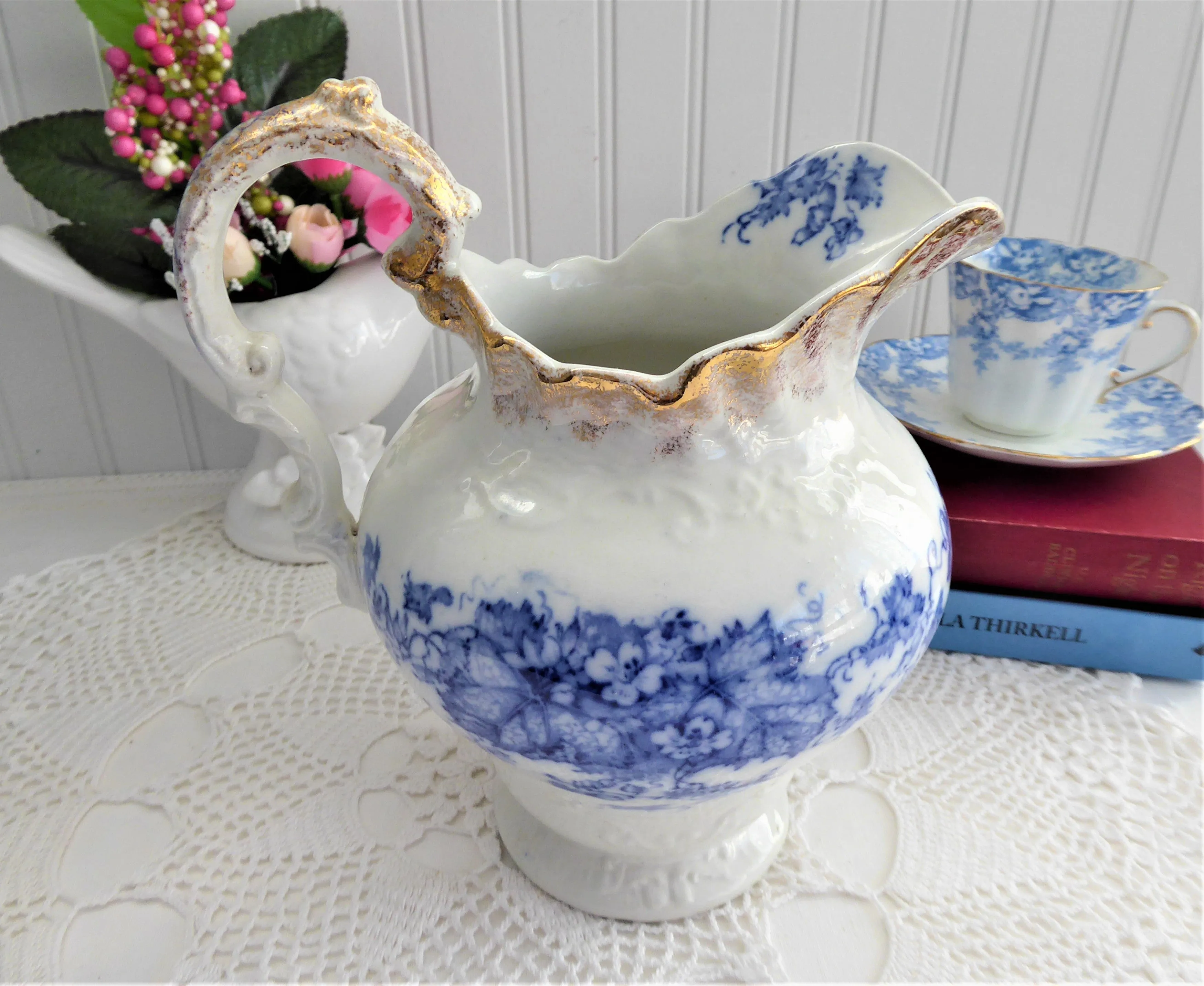 Blue Transferware Jug Pitcher English Edwardian Iona Wedgwood 1908 Ironstone