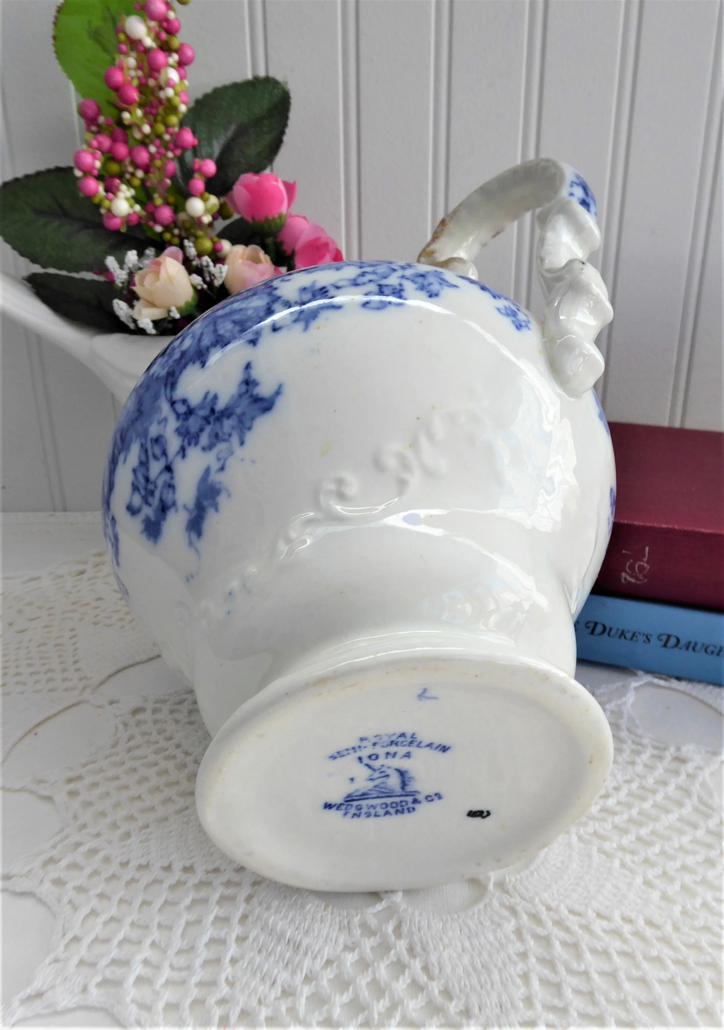 Blue Transferware Jug Pitcher English Edwardian Iona Wedgwood 1908 Ironstone