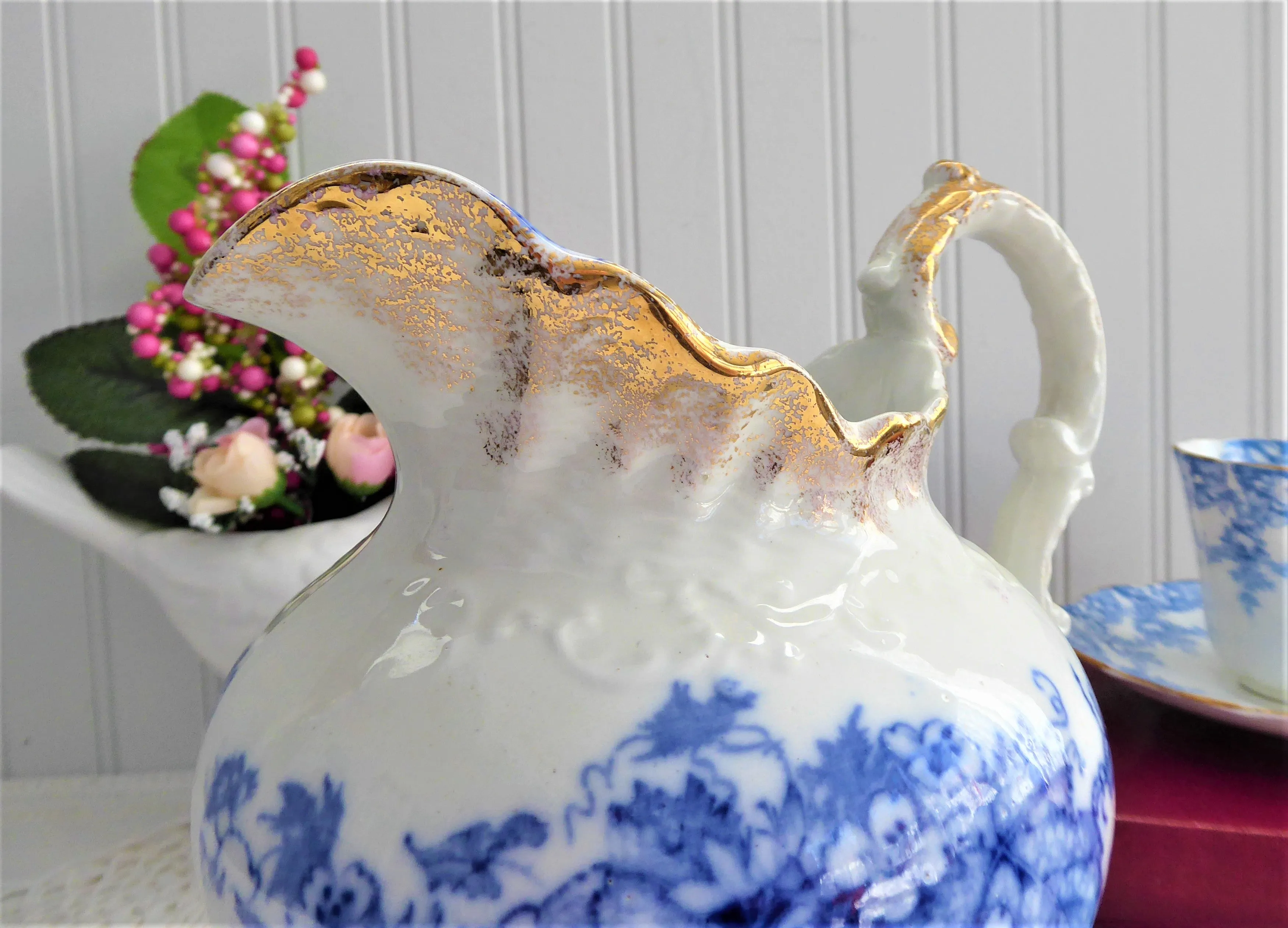 Blue Transferware Jug Pitcher English Edwardian Iona Wedgwood 1908 Ironstone