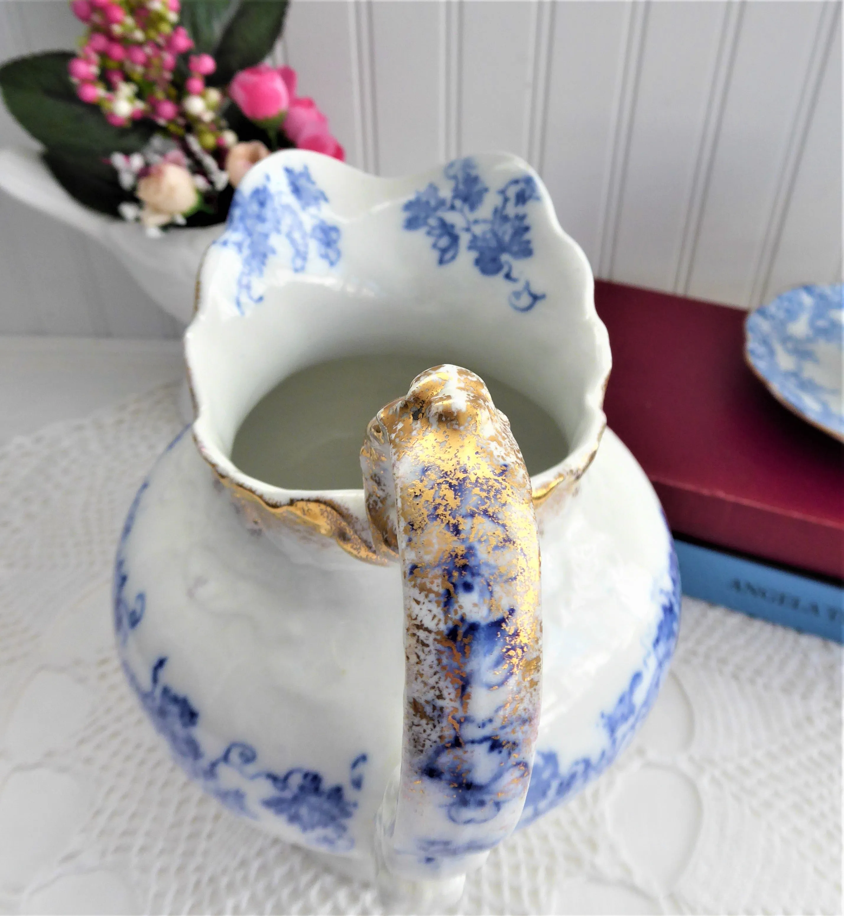 Blue Transferware Jug Pitcher English Edwardian Iona Wedgwood 1908 Ironstone