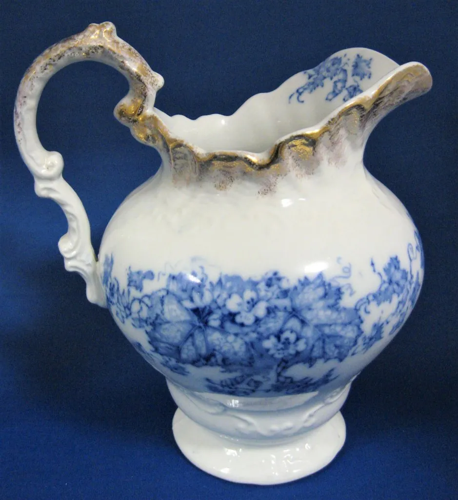 Blue Transferware Jug Pitcher English Edwardian Iona Wedgwood 1908 Ironstone