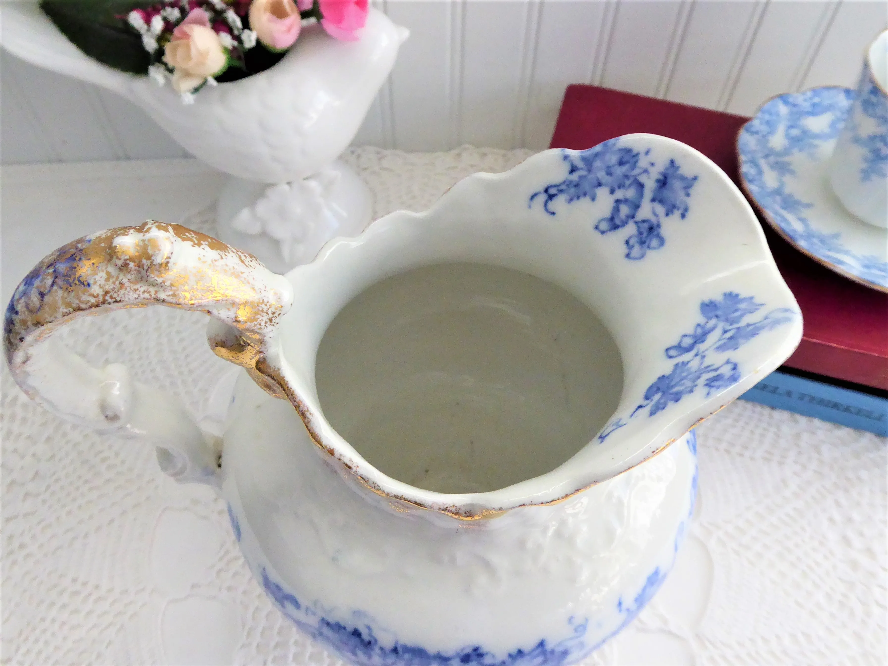 Blue Transferware Jug Pitcher English Edwardian Iona Wedgwood 1908 Ironstone