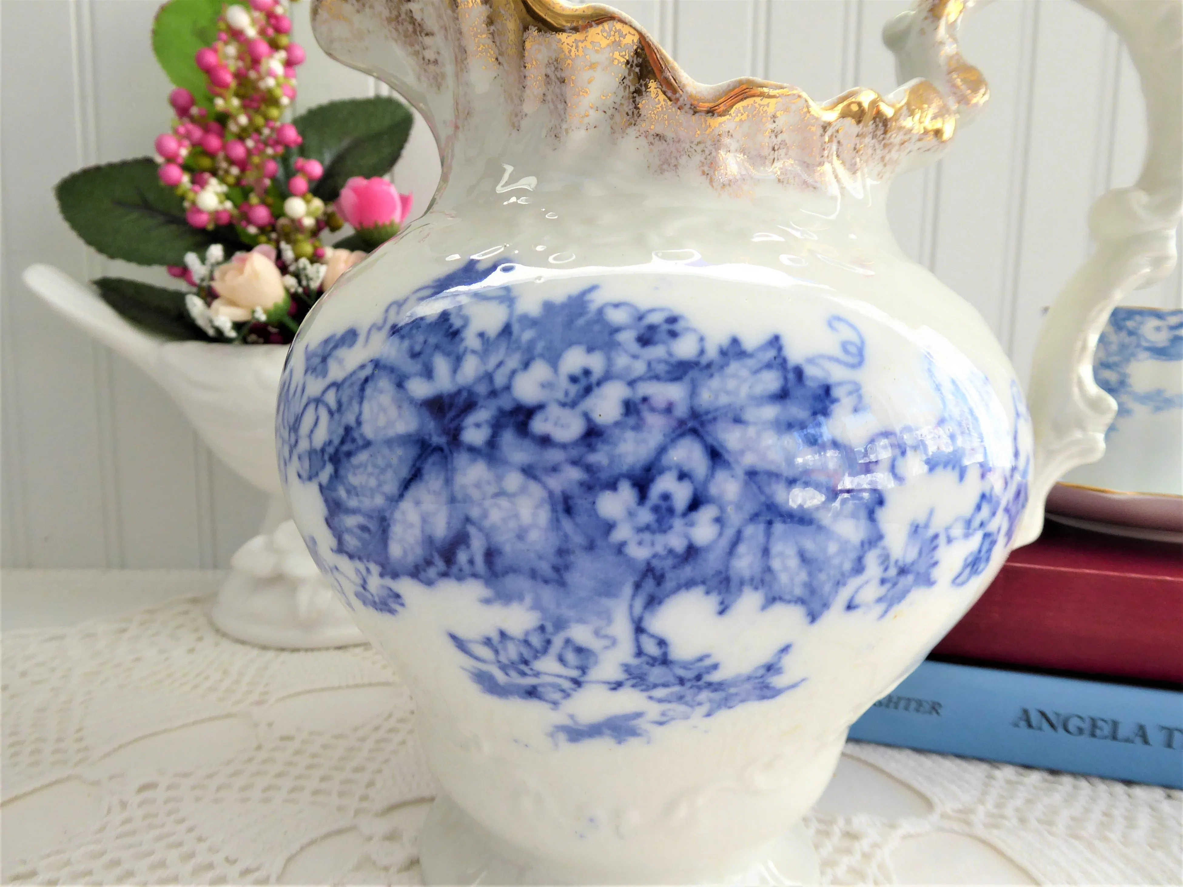 Blue Transferware Jug Pitcher English Edwardian Iona Wedgwood 1908 Ironstone