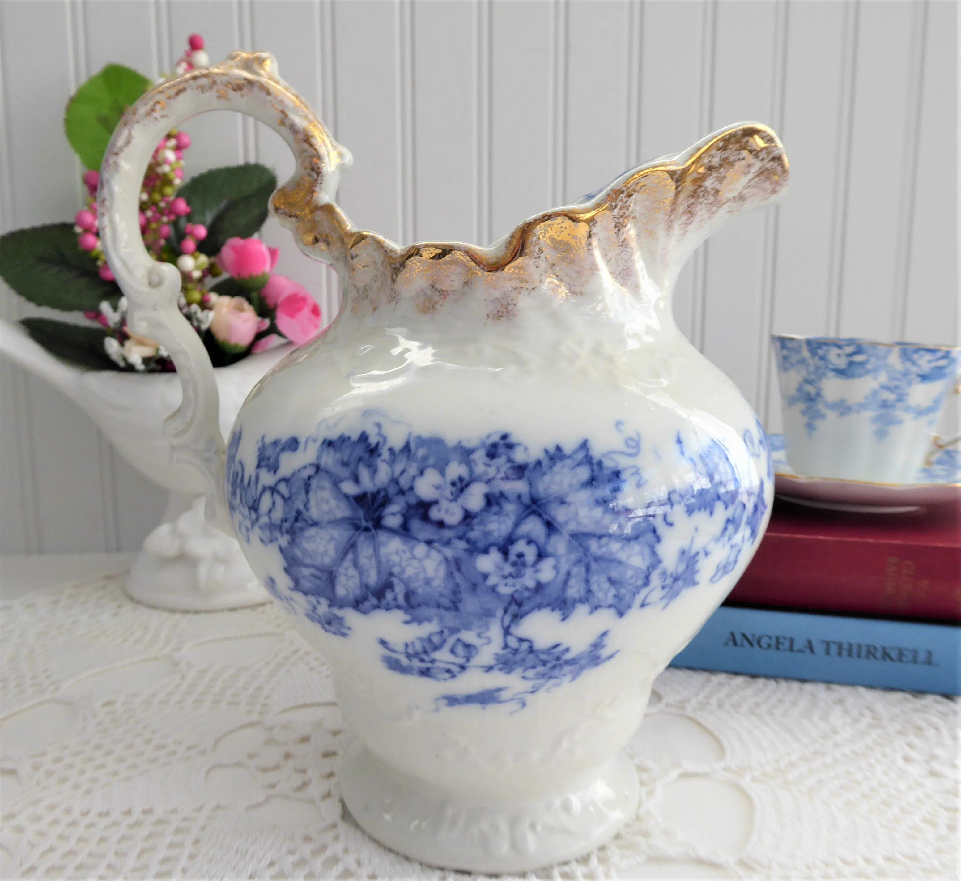 Blue Transferware Jug Pitcher English Edwardian Iona Wedgwood 1908 Ironstone