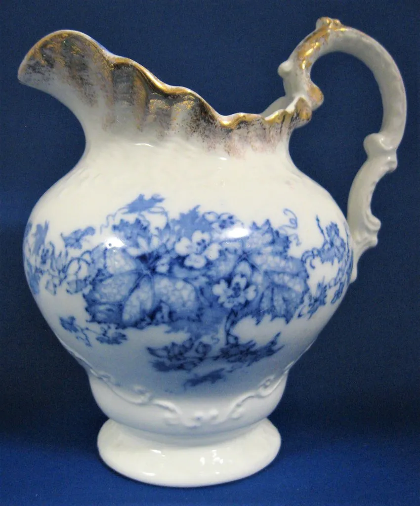 Blue Transferware Jug Pitcher English Edwardian Iona Wedgwood 1908 Ironstone