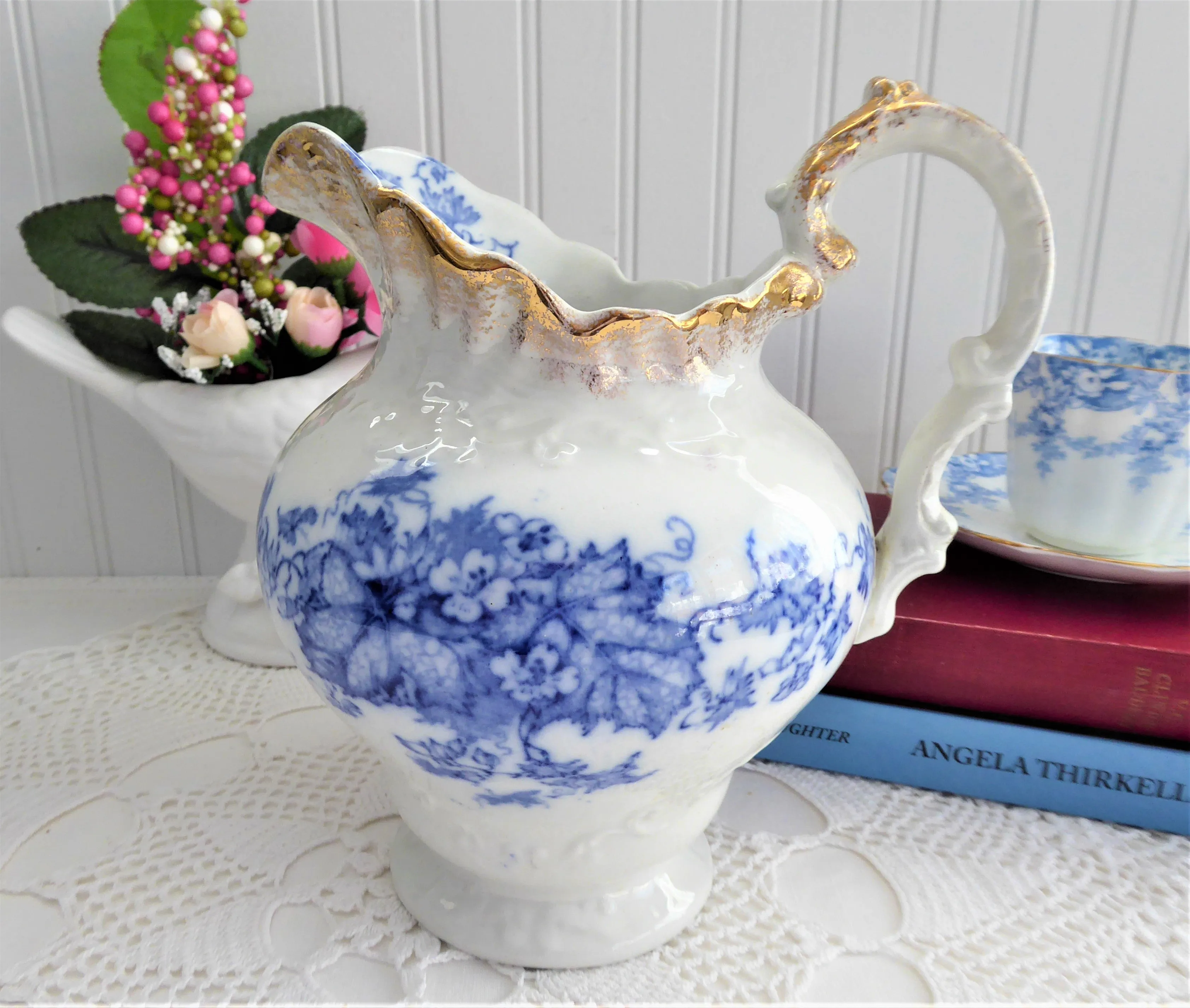 Blue Transferware Jug Pitcher English Edwardian Iona Wedgwood 1908 Ironstone