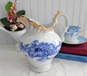 Blue Transferware Jug Pitcher English Edwardian Iona Wedgwood 1908 Ironstone