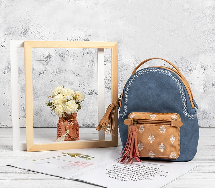 Boho Ladies Canvas and Vegan Leather Backpack Purse Small Rucksack for Women