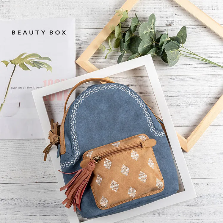 Boho Ladies Canvas and Vegan Leather Backpack Purse Small Rucksack for Women