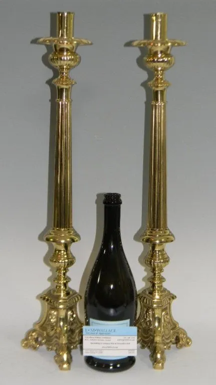Charming 23" Pair of Brass Alter Candlesticks, Baroque style, early 1900s