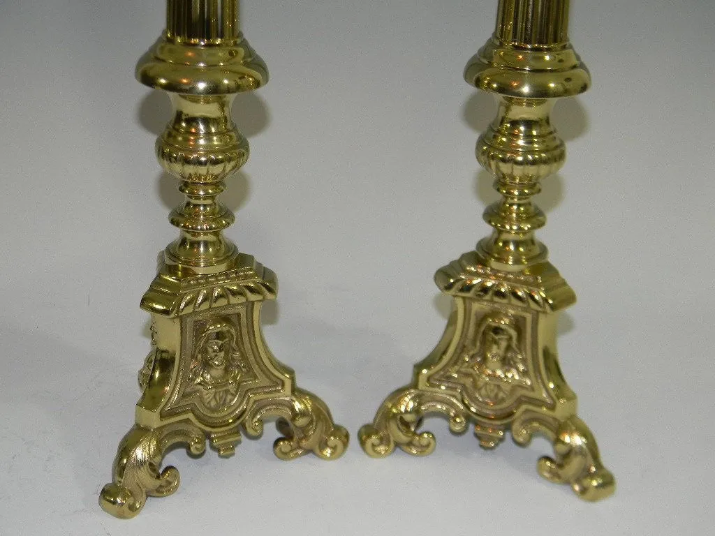 Charming 23" Pair of Brass Alter Candlesticks, Baroque style, early 1900s