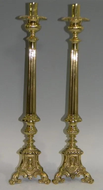 Charming 23" Pair of Brass Alter Candlesticks, Baroque style, early 1900s