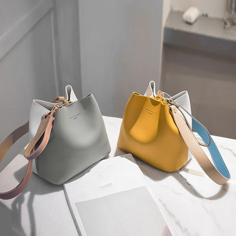 Color Contrast Leather Bucket Purse Adjustable Strap Crossbody Bag