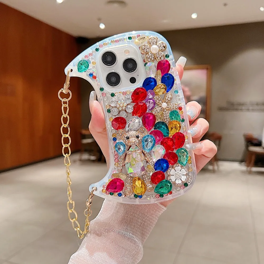 Colorful Diamond Phone Case With Metal Chain Strap - iPhone 15