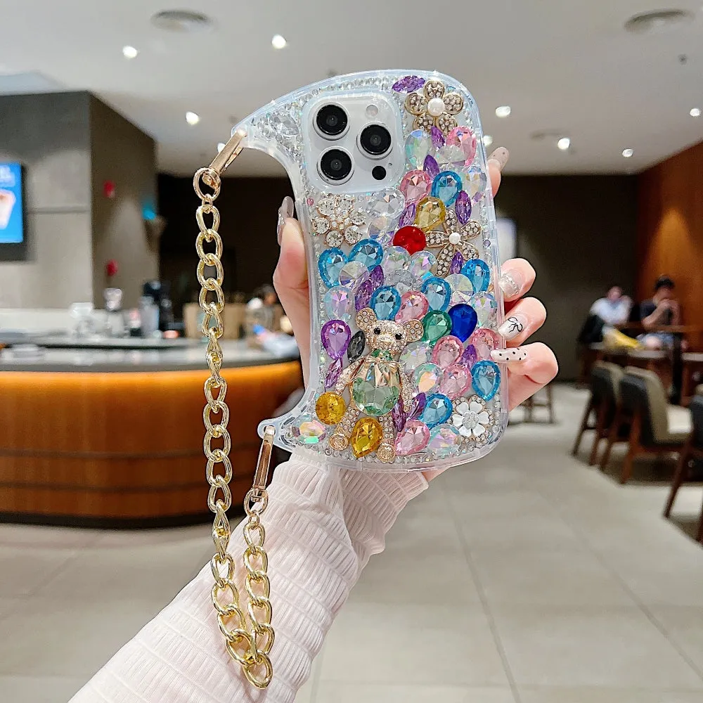 Colorful Diamond Phone Case With Metal Chain Strap - iPhone 15