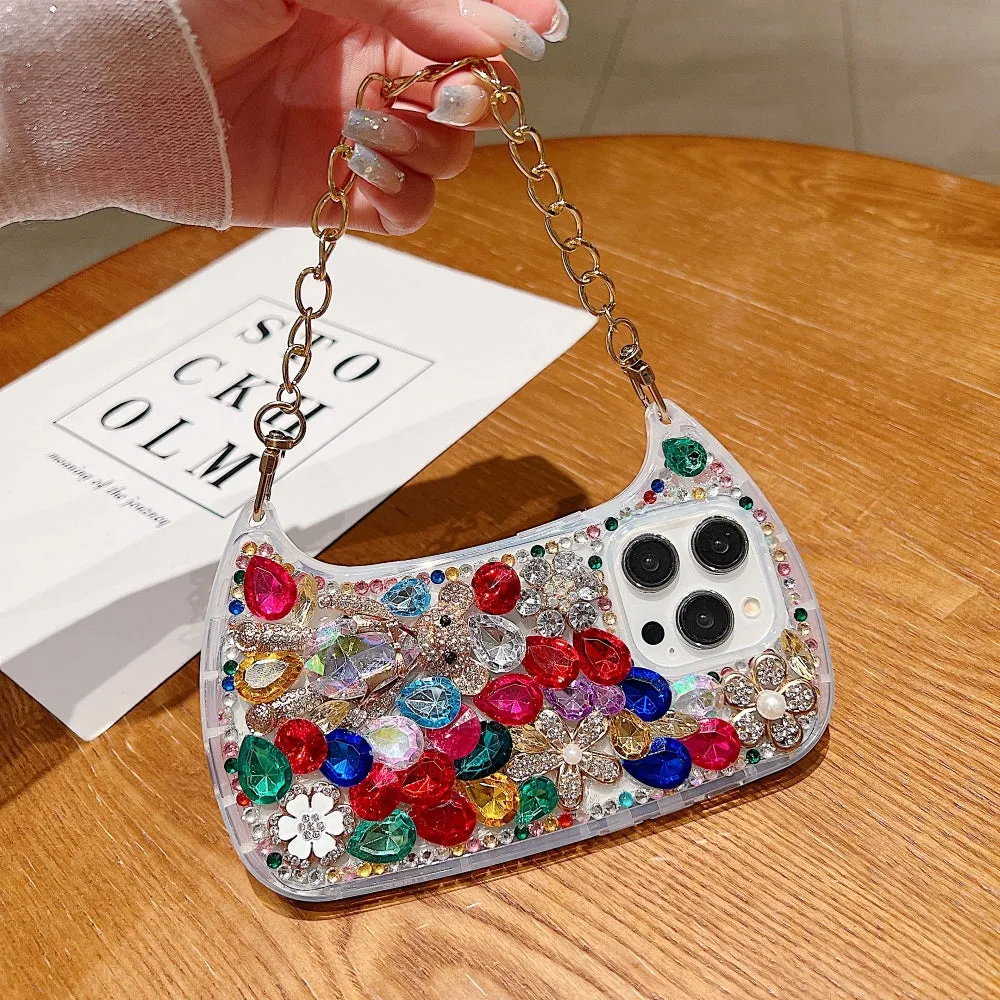 Colorful Diamond Phone Case With Metal Chain Strap - iPhone 15