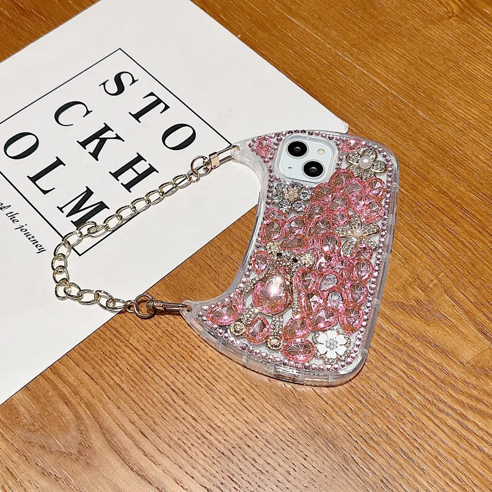 Colorful Diamond Phone Case With Metal Chain Strap - iPhone 15