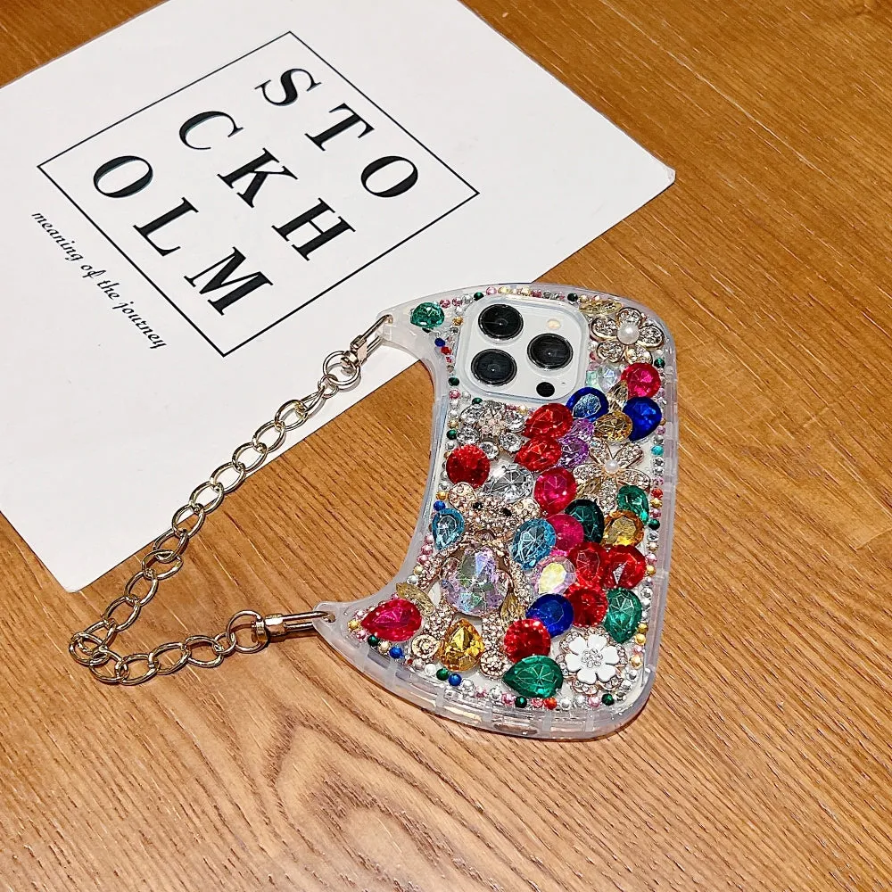 Colorful Diamond Phone Case With Metal Chain Strap - iPhone 15
