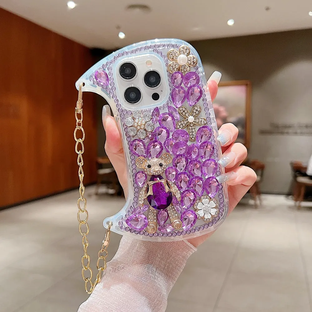Colorful Diamond Phone Case With Metal Chain Strap - iPhone 15