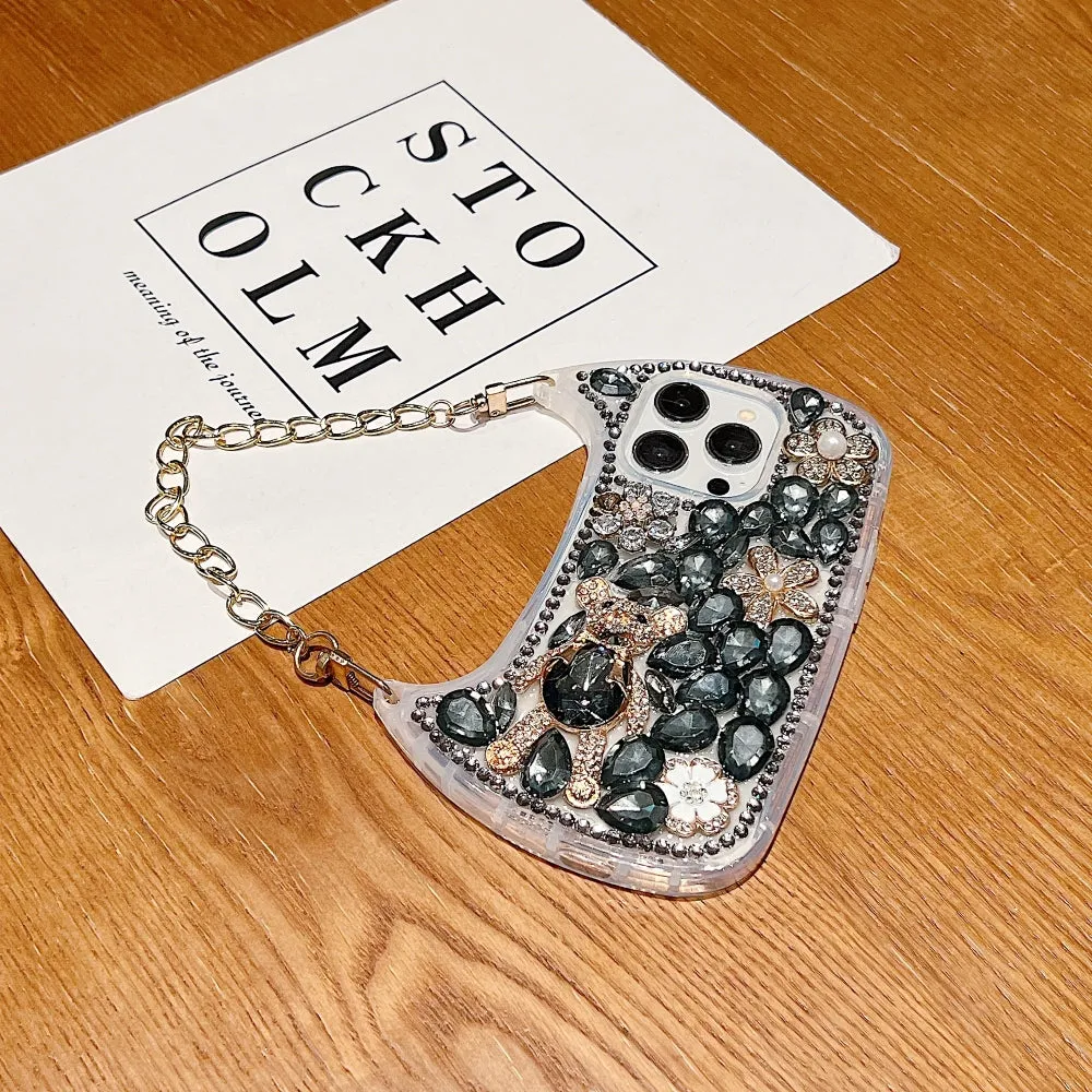 Colorful Diamond Phone Case With Metal Chain Strap - iPhone 15