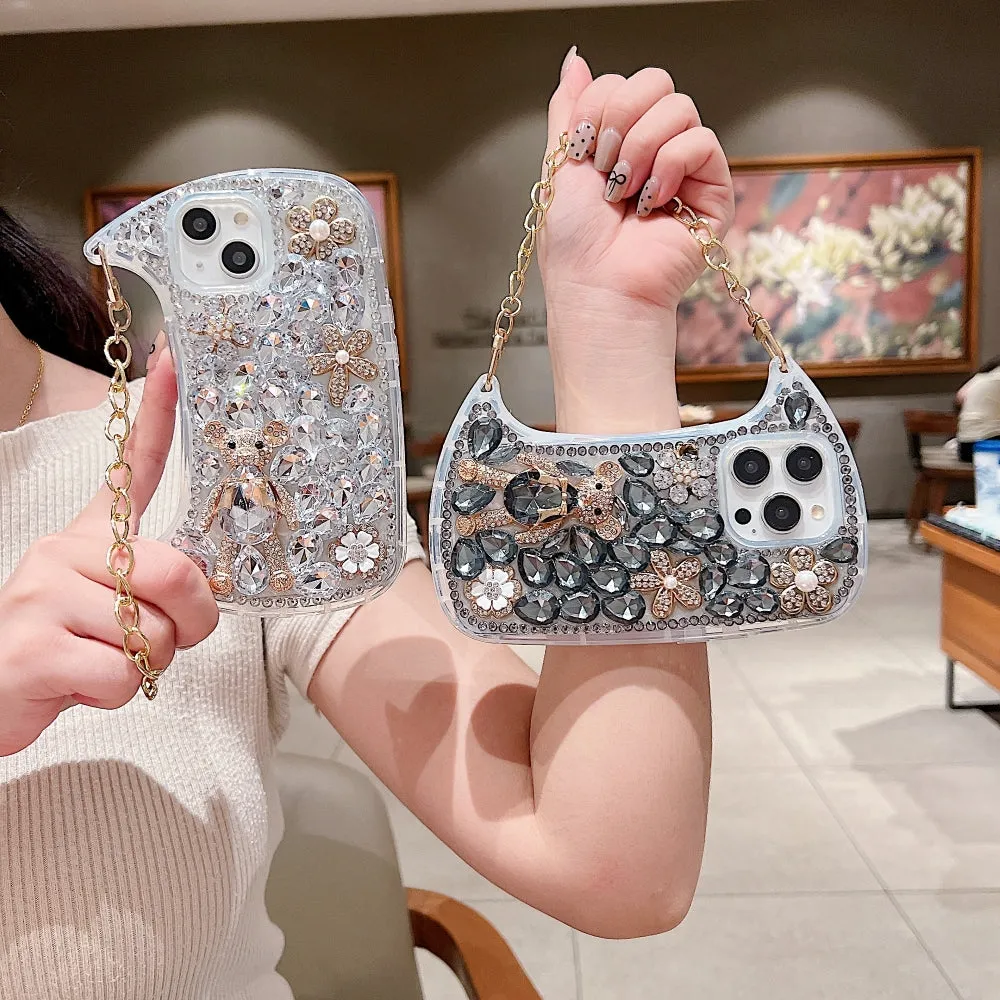Colorful Diamond Phone Case With Metal Chain Strap - iPhone 15