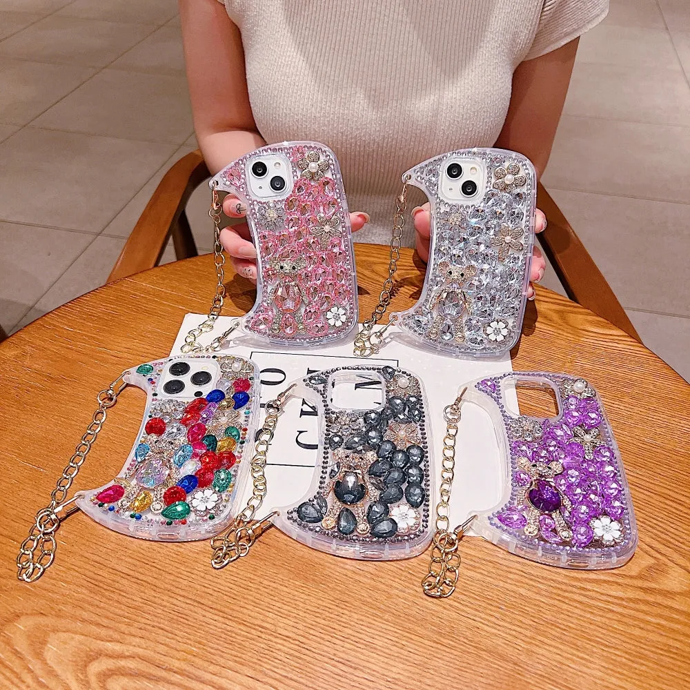 Colorful Diamond Phone Case With Metal Chain Strap - iPhone 15