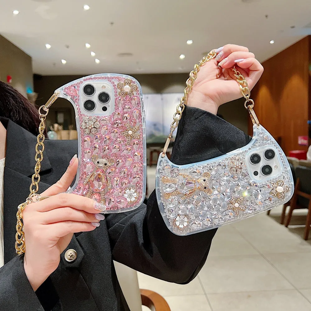 Colorful Diamond Phone Case With Metal Chain Strap - iPhone 15