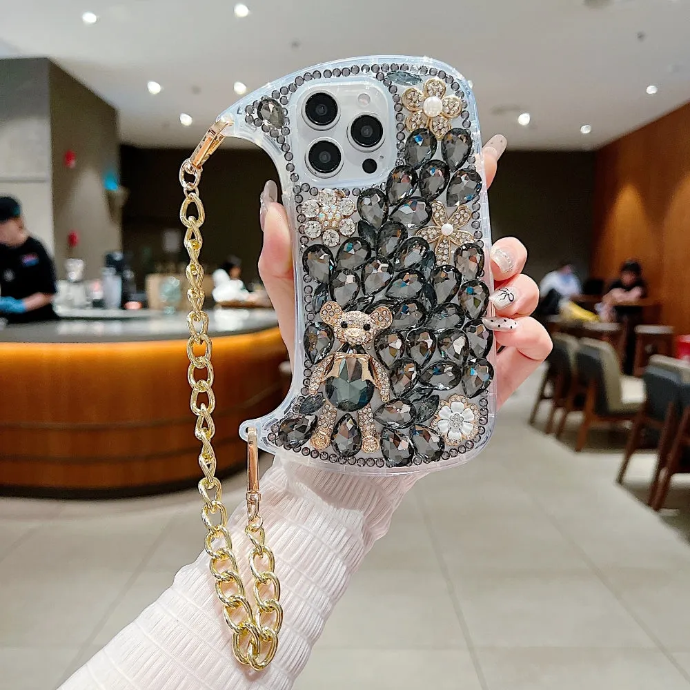 Colorful Diamond Phone Case With Metal Chain Strap - iPhone 15
