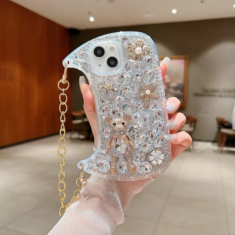 Colorful Diamond Phone Case With Metal Chain Strap - iPhone 15