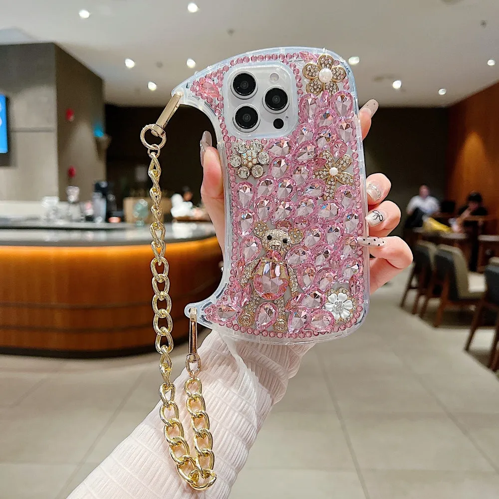 Colorful Diamond Phone Case With Metal Chain Strap - iPhone 15