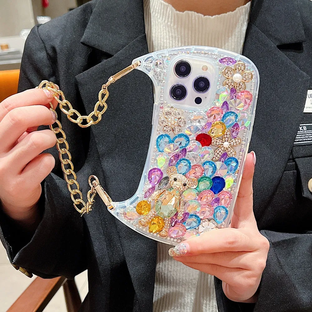 Colorful Diamond Phone Case With Metal Chain Strap - iPhone 15