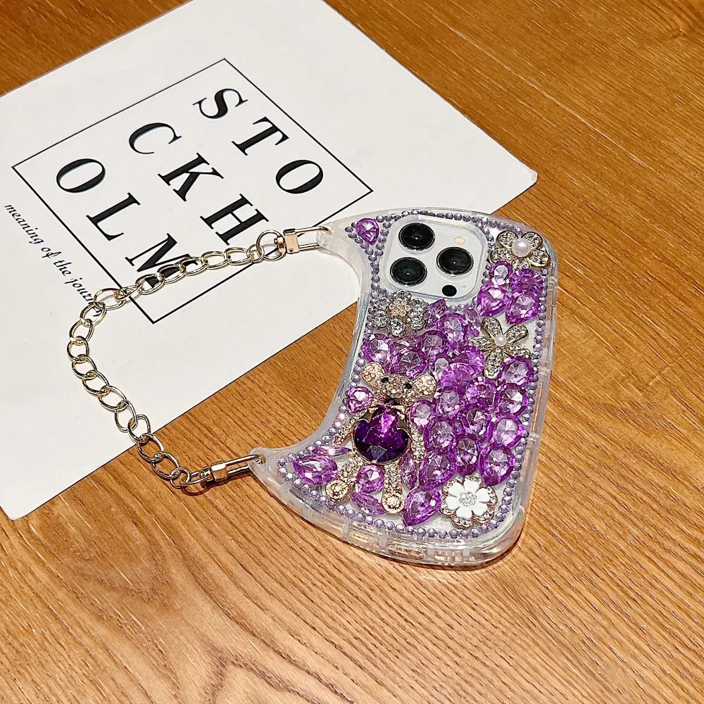 Colorful Diamond Phone Case With Metal Chain Strap - iPhone 15