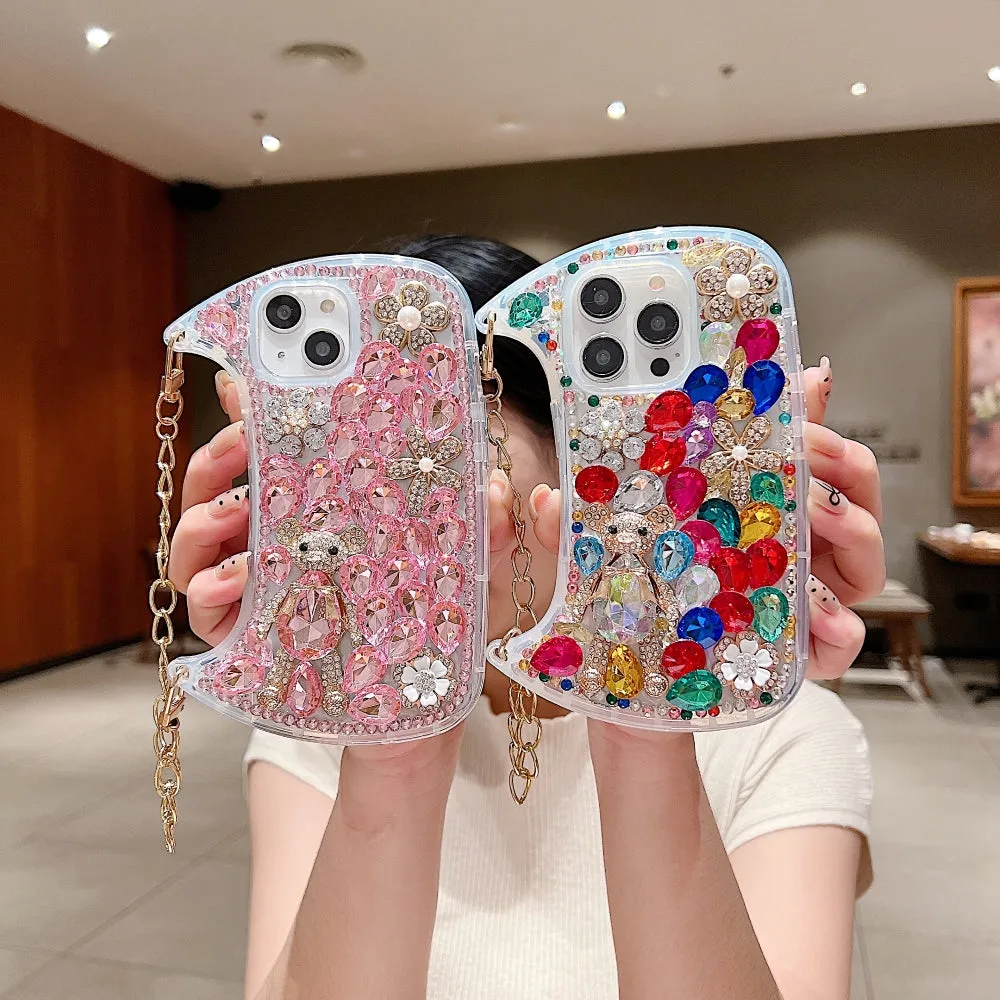 Colorful Diamond Phone Case With Metal Chain Strap - iPhone 15