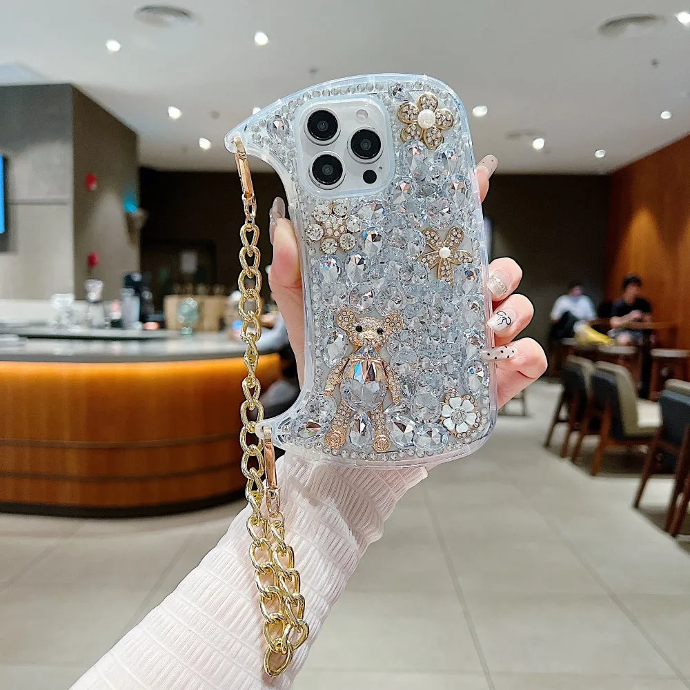 Colorful Diamond Phone Case With Metal Chain Strap - iPhone 15
