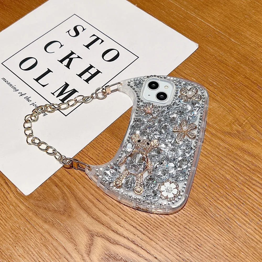 Colorful Diamond Phone Case With Metal Chain Strap - iPhone 15